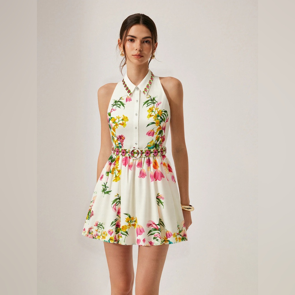 Commense White Halter Mini Dress With Pink & Yellow Floral Print